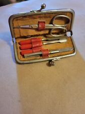Antique 1920s German Made Red Leather Case Men’s Women’s Manicure Set 3.25” Long picture