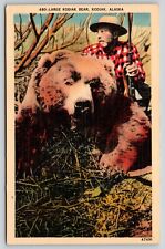 Alaska~Hunter W/ Gun & Large Kodiak Bear~CP Johnson Co~Vintage Linen Postcard picture
