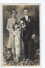 Wedding Photo RPPC Postcard Perfect Couple Flower Bouquet c1935 picture