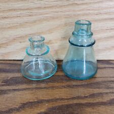 Lot of 2 Antique Vintage Aqua Blue Glass Cone Style Inkwell Bottles Ink Wells picture