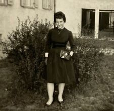 Woman In Dark Dress & Gloves Standing In Yard B&W Photograph 3 x 4 picture