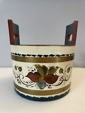 Artist Signed Cream & Blue Painted Norwegian Rosemaling Wood Wooden Bucket 7.5”D picture