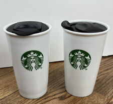 Two (2) 2015 Starbucks White Ceramic Siren Logo Coffee Mugs with Lid 10 Oz picture
