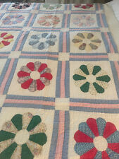 VINTAGE  1930'S DRESDEN PLATE COTTON FABRIC HAND SEWN QUILT  77 1/2 x63 picture