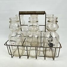 Steel Milk Bottle Carrier Coiled Handle and 6 Vintage Glass Cream Top Quarts picture