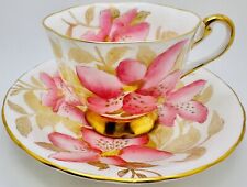 Vintage Royal Chelsea Hand Painted Pink Lily Floral Cup & Saucer; Gold Teacup picture