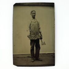 Man Holding Nails & Hatchet Tintype c1870 Occupational Worker Apron Photo B3190 picture