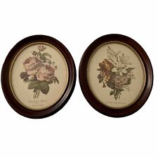 2 Botanical Prints Oval Wood Frame 12 x 14 Floral Rose Bouquets Flowers VTG Pair picture
