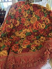 Vintage Mid Century Round Red Orange Gold Fall Tablecloth Fringed 90” Diameter picture
