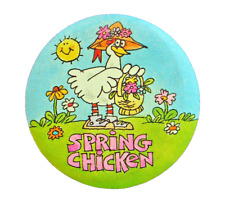 Hallmark BUTTON PIN Easter Vintage CHICKEN Spring 1981 Funny Holiday PINBACK picture