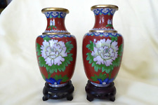Pair Vintage Chinese Cloisonne Vases Oxblood Red w/ Butterflies & Flowers picture