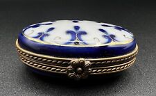Limoges France Peint Main Porcelain Blue Floral Oval Trinket Pill Hinged Box picture