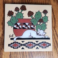 Vintage EARTHTONES Tu-oti Artist Signed Cat Cactus Kiln Fired Hand Glaze Trivet picture