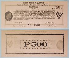1942 Philippines ~ Luzon USAFFE Guerrilla Army Forces 500 Pesos ~ LUZ-102 ~17340 picture