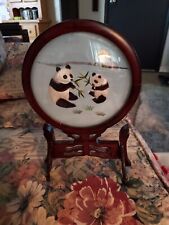 Vtg Chinese Panda Silk Embroidery With Carved Solid Wood Stand Home Shelf Decor picture