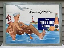 ORIG 1950s MISSION ORANGE BEVERAGE SODA SIGN SAILOR GRAPHIC RARE NM 26X19.25