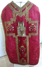 Antique Red Fiddleback Chasuble Vestment, Tapestry, Anne, Mary, Saints, 18th C? picture