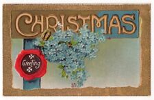 Christmas Greeting c1910 blue flowers, vintage embossed postcard picture