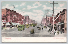 Postcard TOPEKA Kansas ~ 1907 KANSAS AVENUE ~ Trolleys, Horse Pulled Wagons A703 picture