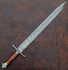 BEAUTIFUL CUSTOM HANDMADE 32 INCHES DAMASCUS STEEL HUNTING SWORD WITH SHEATH picture