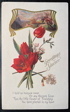 Vintage Victorian Postcard 1910 Greetings Sincere - Red Tulips picture