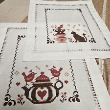 Two White Cotton Kitchen  Tea Napkin Hand Embroidered - New - Table Decor picture