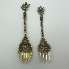 Vintage Ornate Serving Spoon & Fork Brass Italy Montagnani Fleur de lis Falcon picture