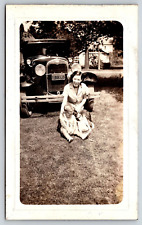 Original Old Vintage Outdoor Photo Ford Model A Car Lady Boy Dog Illinois picture