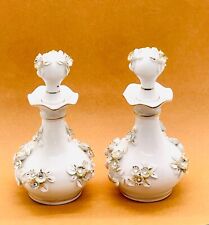 Vintage Lefton Vanity Perfume Bottles White Gold Jeweled Applied Flowers 90542 picture