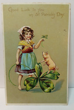 Antique Tuck & Sons Postcard Girl, Shamrock, Pig St Patrick's Day 1900's picture