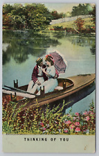 Postcard Thinking of You, Couple on Lake in Rowboat, Romance Vintage PM 1912 picture
