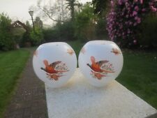 SUPERB PAIR OF VINTAGE DECORATED WHITE BIRD GLOBES DUPLEX OIL LAMP SHADES picture