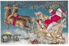 Silk Santa Claus~in Sled w. USA Flag~Toys~1908~Patriotic~Christmas Postcard-h896 picture