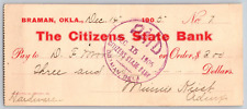 Braman, OK 1905 Territorial Citizens State Bank Check - Scarce picture