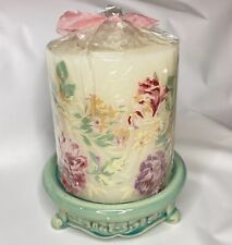 Vintage Farmhouse Decor Floral Wax 5” Pillar + Ceramic Candle Holder Cottagecore picture