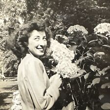 VINTAGE PHOTO Lovely Woman Smelling The Flowers Hydrangeas Original Snapshot picture