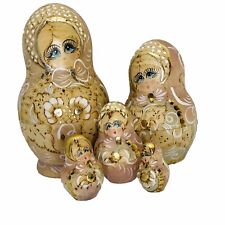 Matryoshka 5 Piece Wood Burned Russian Nesting Dolls Gold Paint Marked picture