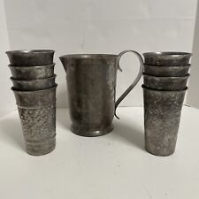 Vintage Hammered Metal Pitcher With 8 Aluminum Glasses picture
