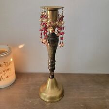 Vintage Wood Brass Candle Sticks RED And GOLD Attached BEADS 12