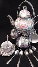 20Pc Tea Pot 6 Cups Saucers w/ Rack Silver Multi 3 oz Cup TeaPot Beautiful picture