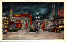 New Orleans Louisiana LA Canal Street at Night Lights Vintage 1940s Postcard picture