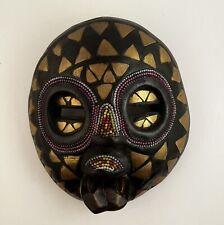 Vintage Ghana - Round Hand Carved Wooden African Tribal Mask -Hand Beaded- Metal picture