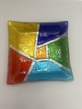Fused Art Glass Trinket Jewelry Dish Candle Holder Squares & Rectangles Abstract picture