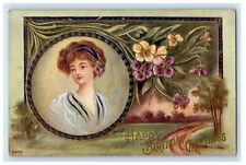 c1910's Birthday Greetings Pretty Girl Pansies Flowers Reynolds Antique Postcard picture