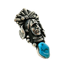 Navajo Robert Shakey Native American Turquoise Indian Head Sterling Ring 8.5 picture