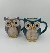 2 LG  Ceramic Teal & Gray Owl Shaped Coffee Tea Mugs / Cups 3D Kitschy  picture