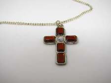 Vintage Christian Cross Necklace: Dark Orange Jewels Clear Jewel Center picture