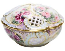 Antique Hand Painted Hallmarked Floral Gilt Reticulated Porcelain Powder Box picture