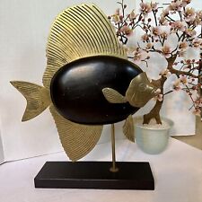 Vintage Large Brass & Black Lacquered Wood Fish Sculpture picture