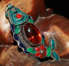 noble copper cloisonne tibet silver carved flower inlay red zircon fish pendant picture